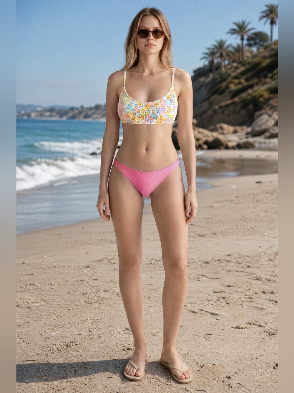 Wild Fable Smocked Floral Bikini Top L 12-14 NWT Pastel Swim
